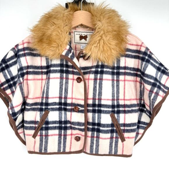 Janie and Jack Girl's Equestrian Plaid Button Up Poncho Cape Fur Collar 12-18  M - Picture 1 of 8